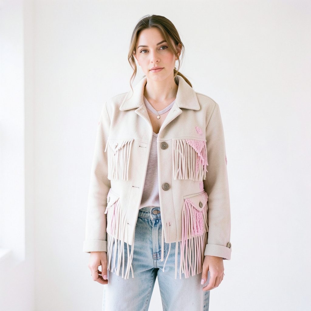 Imagen de un look con chaqueta de flecos en tonos neutros sobre fondo claro, estilo desenfadado y bohemio